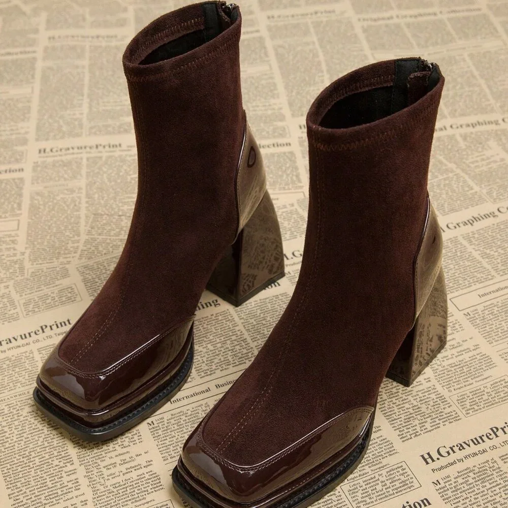 Burgundy Elegant Women's Waterproof Platform High Heel Boots - Picture 2 of 5